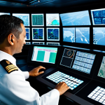 A team of professional naval officers, fully clothed in modest, modern naval uniforms, attentively engaging with advanced holographic displays and sleek, ergonomic consoles on a state-of-the-art ship's bridge. The high-tech command center features dynamic data visualizations, emphasizing real-time situational awareness and strategic decision-making. The environment is clean, well-lit, and professional. fully clothed, appropriate attire, professional dress, safe for work, appropriate content, professional, perfect anatomy, correct proportions, natural pose, well-formed hands, proper finger count, natural body proportions, professional photography, cinematic lighting, high quality.