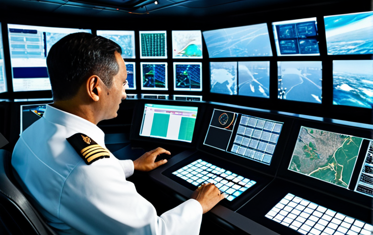 A team of professional naval officers, fully clothed in modest, modern naval uniforms, attentively engaging with advanced holographic displays and sleek, ergonomic consoles on a state-of-the-art ship's bridge. The high-tech command center features dynamic data visualizations, emphasizing real-time situational awareness and strategic decision-making. The environment is clean, well-lit, and professional. fully clothed, appropriate attire, professional dress, safe for work, appropriate content, professional, perfect anatomy, correct proportions, natural pose, well-formed hands, proper finger count, natural body proportions, professional photography, cinematic lighting, high quality.